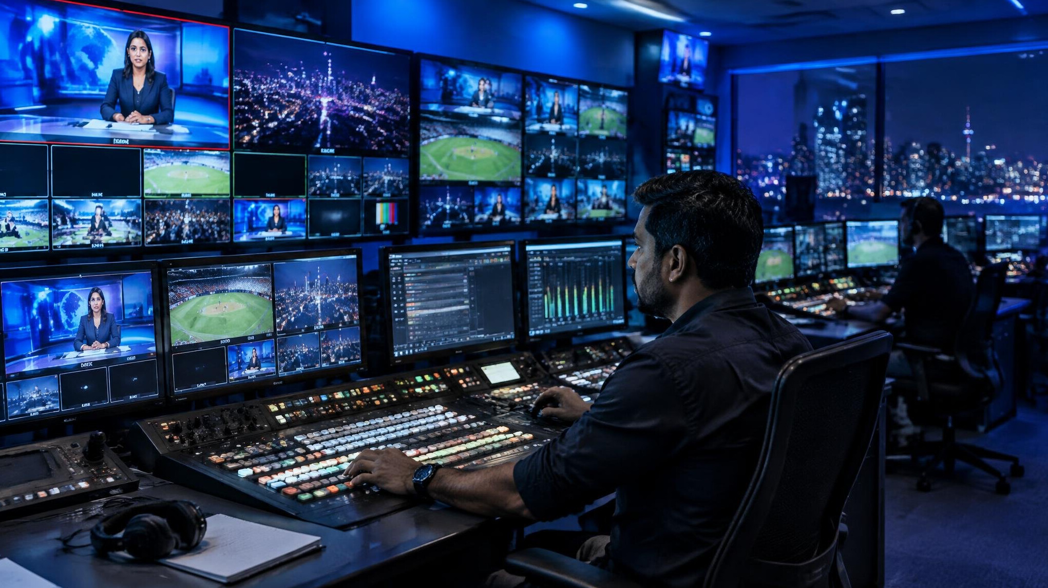 Broadcast engineer operating a live television control room with multiple monitors