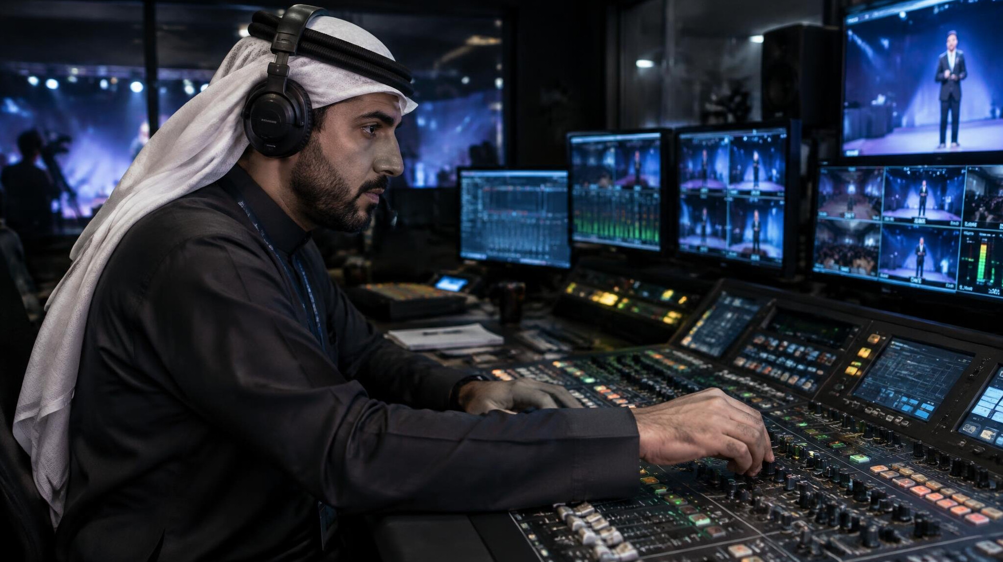 Broadcast engineer adjusting settings on an audio and video mixing console
