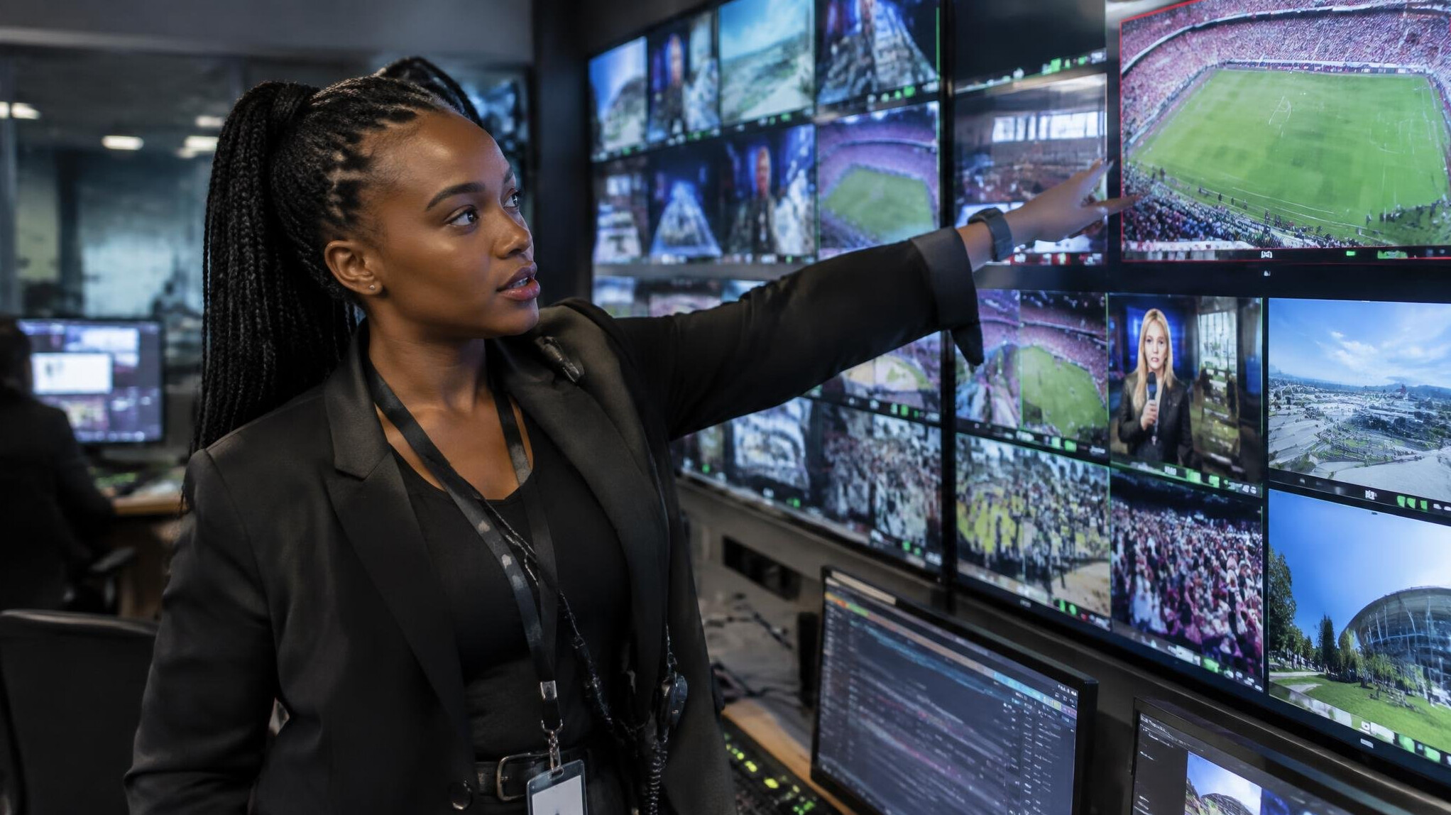Broadcast technician reviewing live video feeds on a multi screen wall