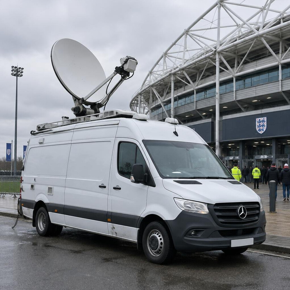 Outside broadcast van with satellite equipment parked outside a stadium