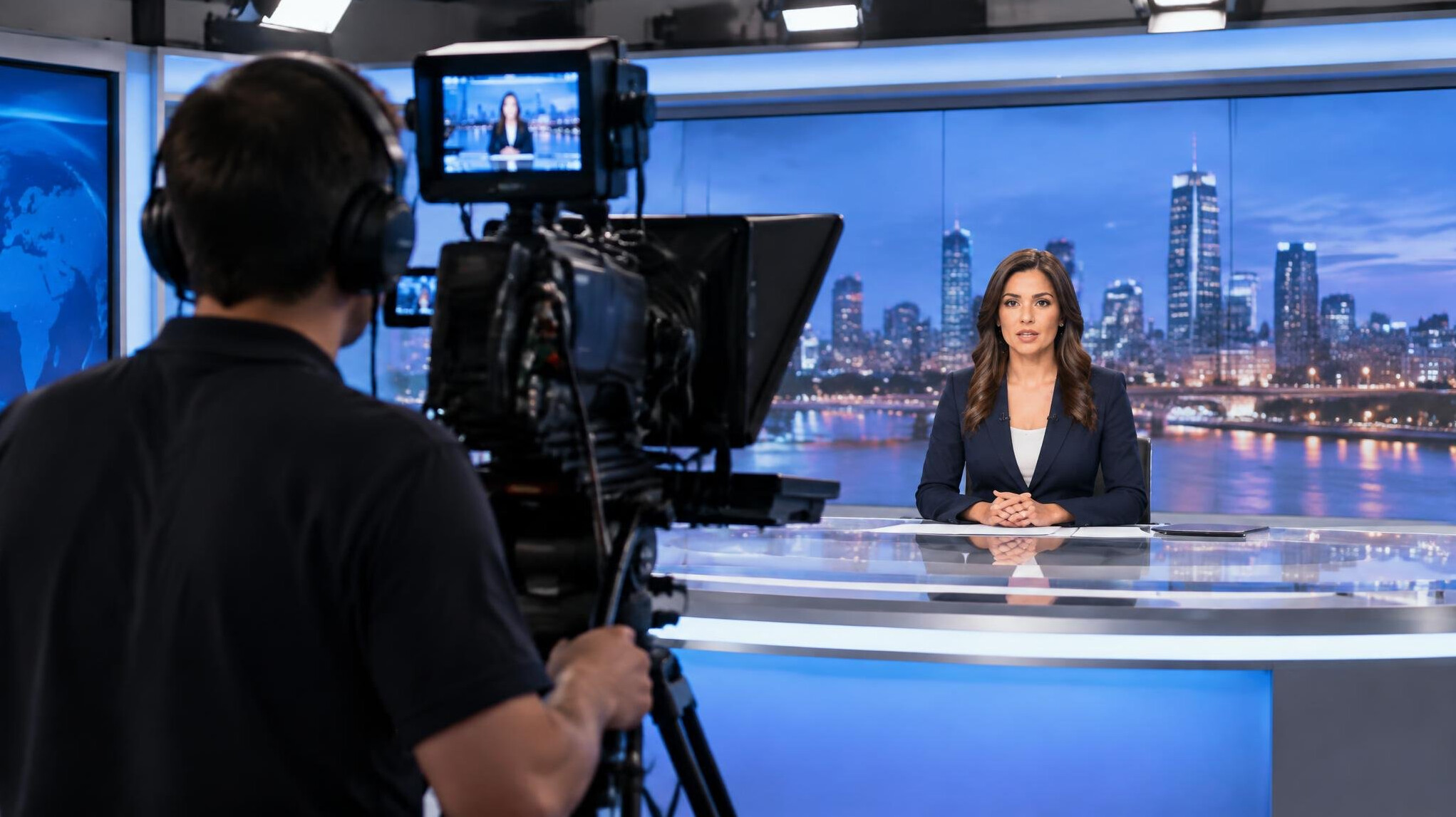 Live camera operator filming a news presenter in a studio