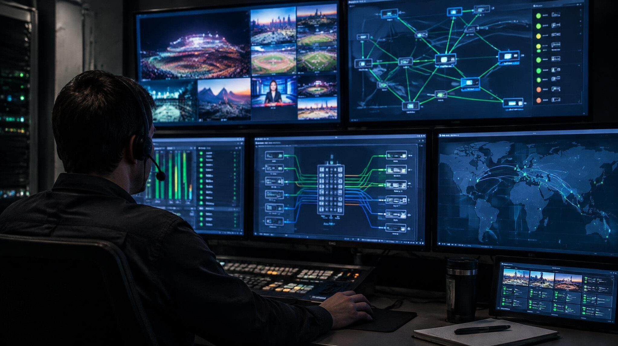Technician monitoring signal distribution on multiple screens