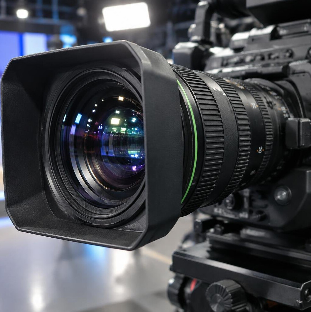 Close up of a professional television camera lens in a studio