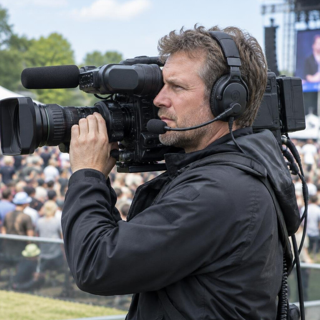 Camera operator filming a live outdoor event with a shoulder mounted camera