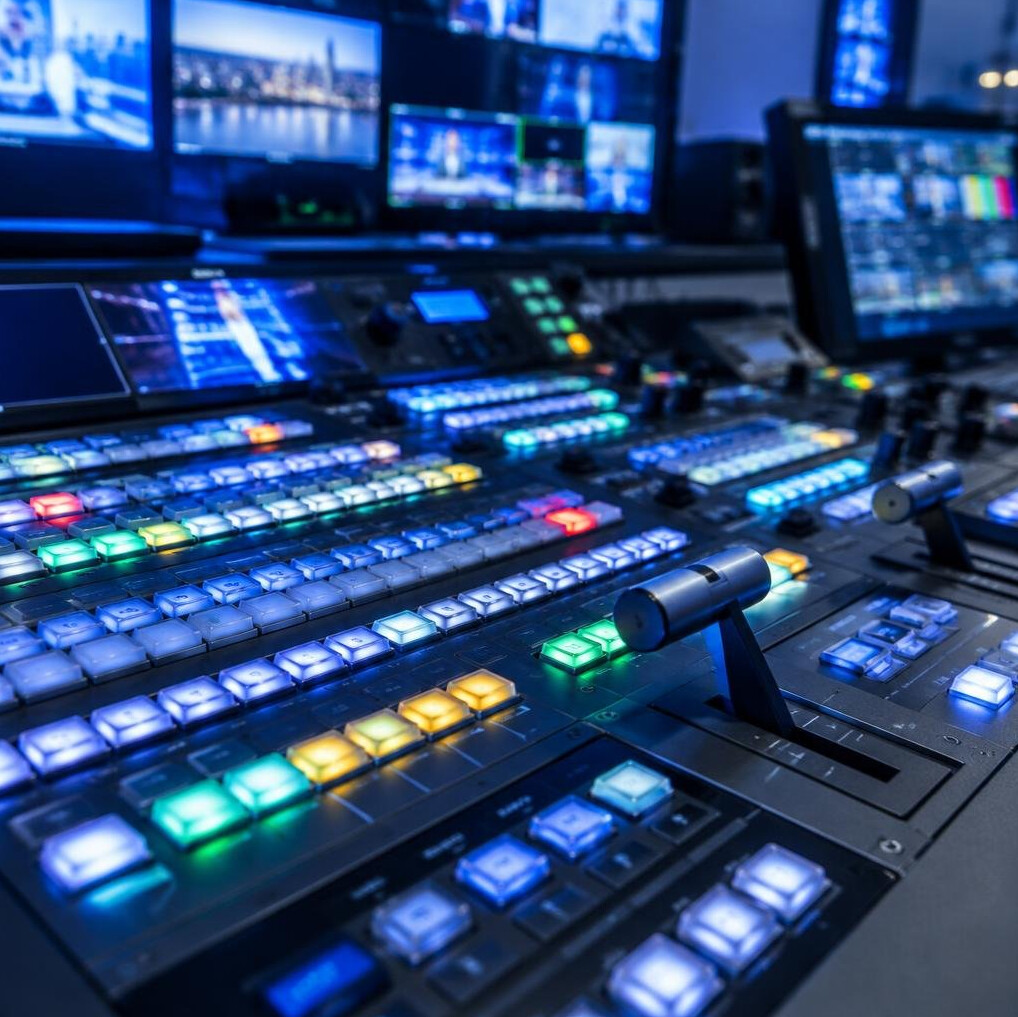 Vision mixer desk with sliders and buttons in a broadcast gallery